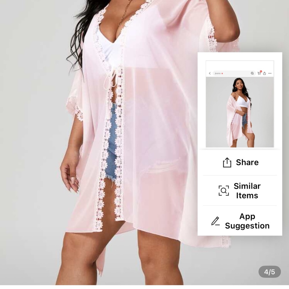 Sheer Lace-Trim Kimono Robe - Pink